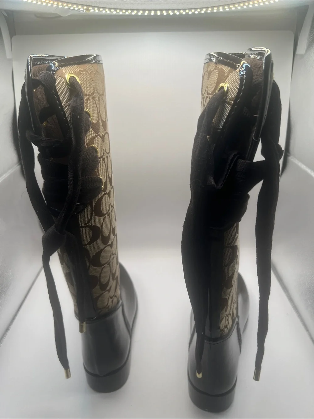 Coach Two-Tone Signature Canvas Over-the-Knee Boots in Brown and Black